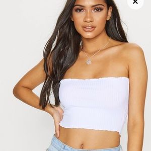White Rib Frill Hem Bandeau Crop Top
